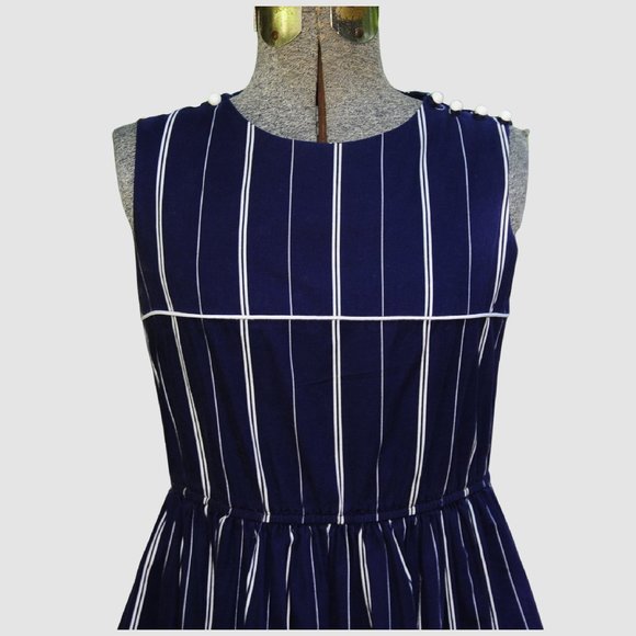 VTG Navy Blue & White Cotton Sleeveless Dress S/M - Picture 7 of 12